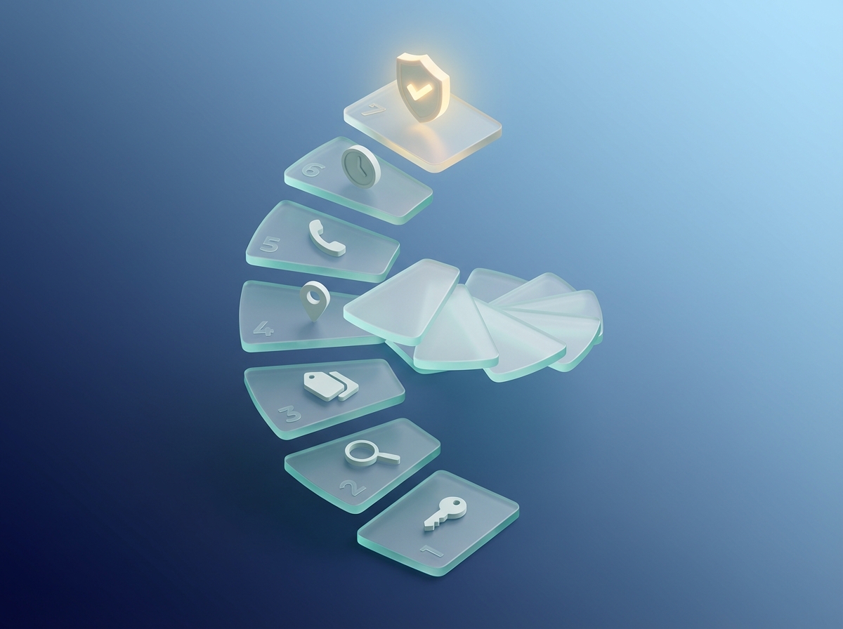 Isometrische 3D-Darstellung eines siebenstufigen Pfads mit Symbolen für jeden Schritt der Profilerstellung