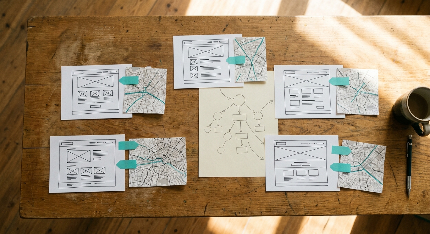 Schreibtisch mit Webseiten-Wireframes und Berliner Stadtteilkarten in hierarchischer Struktur angeordnet