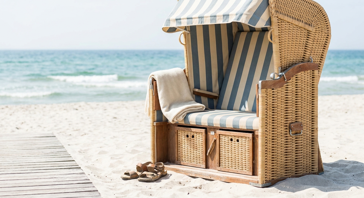 Detailansicht eines geöffneten Strandkorbs mit Sandalen im Sand am Nordseestrand