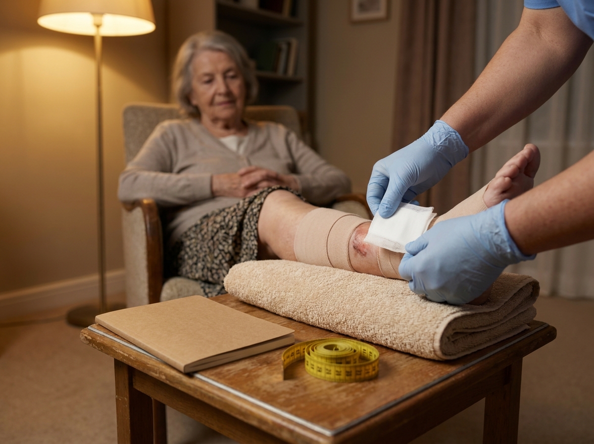 Pflegekraft legt zu Hause einen frischen Verband am Bein einer Patientin an