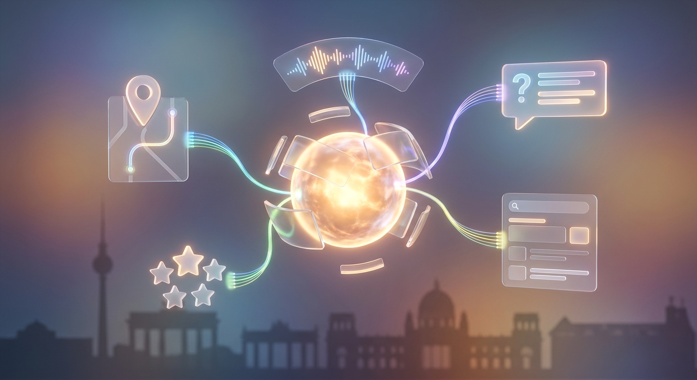 Zentrale Marke verbindet sich strahlend mit Karten, Bewertungen und KI-Antworten als verteilte Sichtbarkeit