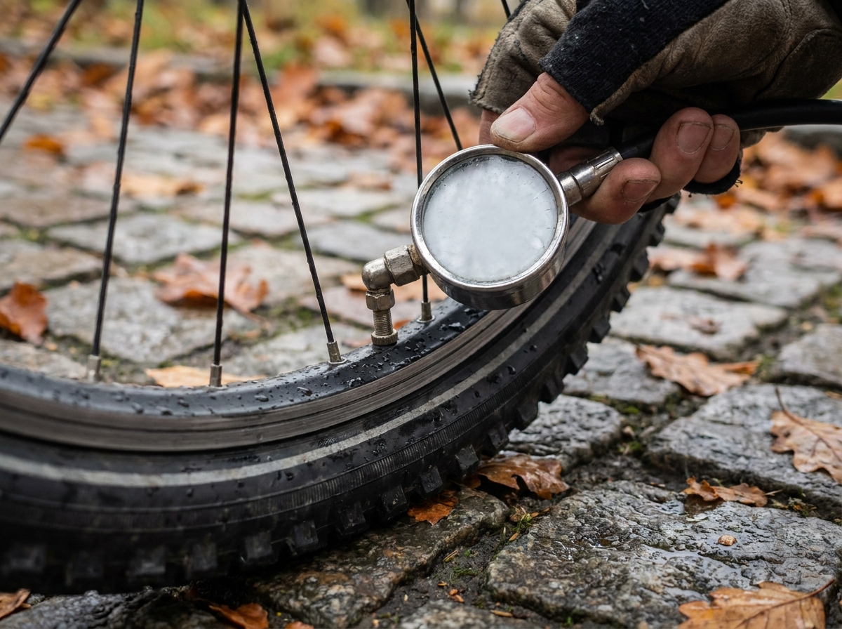 Hand prüft mit einem Manometer den Reifendruck an einem Fahrrad auf nassem Kopfsteinpflaster