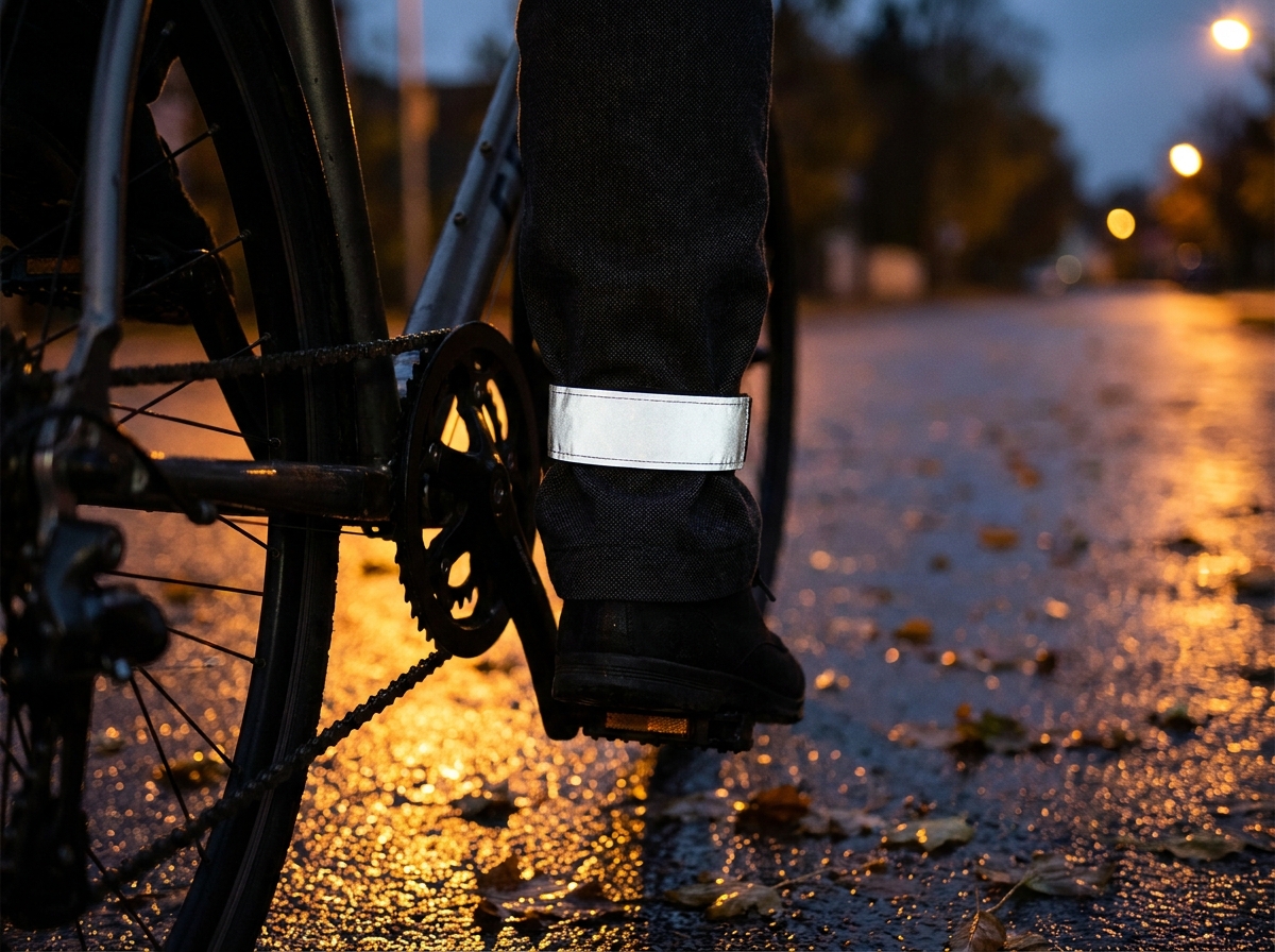 Reflektierendes Klettband leuchtet am Fußknöchel eines Radfahrers in der Abenddämmerung