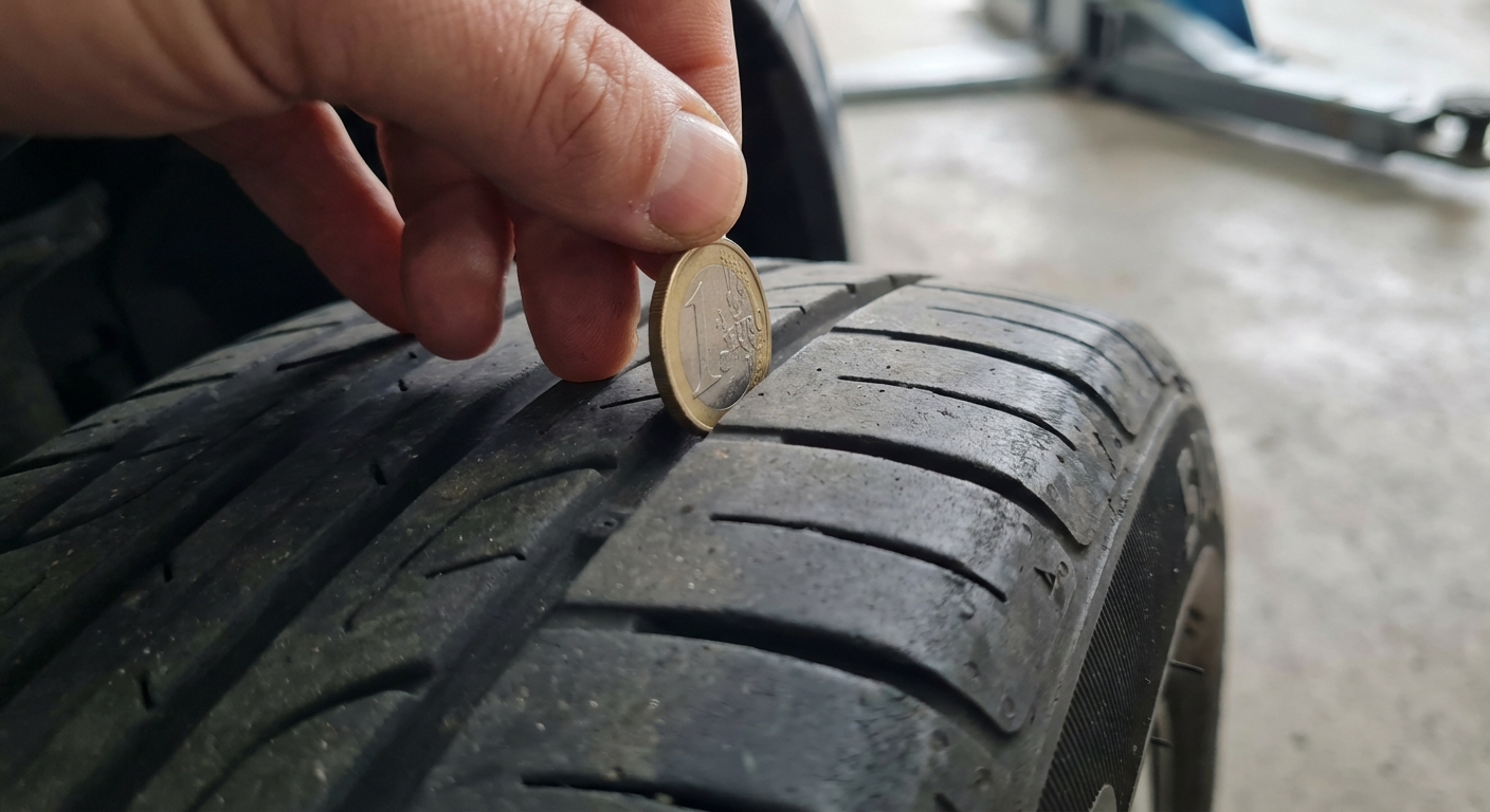 Nahaufnahme einer 1-Euro-Münze in einer Reifenprofilrille zur Messung der Profiltiefe am Sommerreifen
