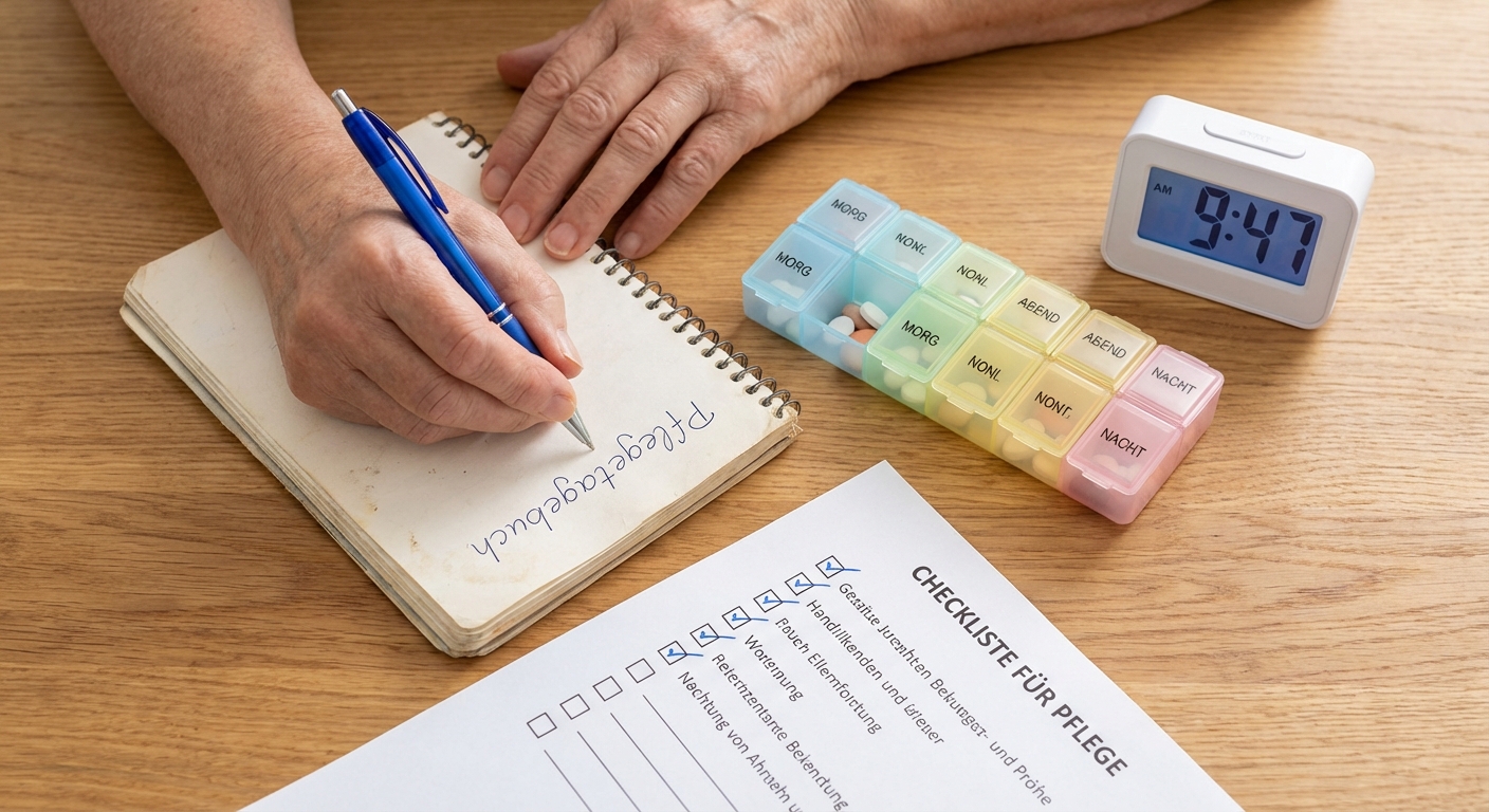 Pflegetagebuch wird ausgefüllt neben Medikamentenbox und Checkliste
