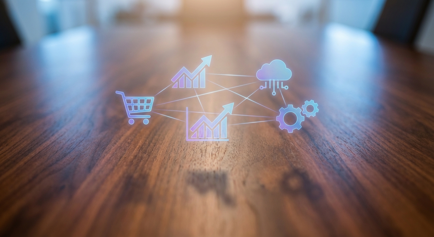 Holografische Darstellung vernetzter digitaler Vertriebskanäle über Konferenztisch