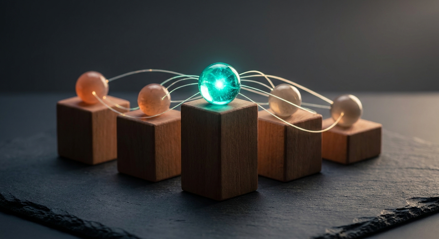 Holzblöcke mit unterschiedlich leuchtenden Kugeln symbolisieren KI-Sichtbarkeitsunterschiede von Unternehmen