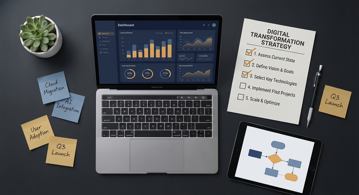 Schreibtisch mit Laptop, Tablet und Checkliste als Symbole fĂĽr digitale Strategieplanung