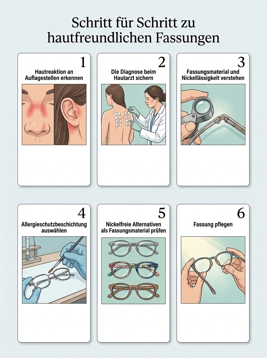 Ablaufdiagramm: Nickelallergie und Hautreaktionen – wie Allergieschutzbeschichtungen auf Fassungen helfen