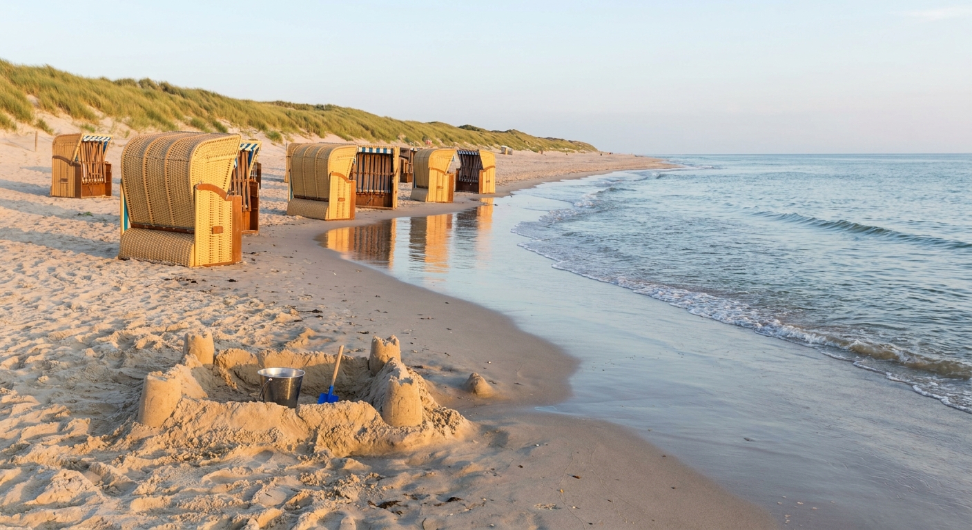 Flacher Sandstrand mit Strandkörben und Sandburg in Wenningstedt im Abendlicht