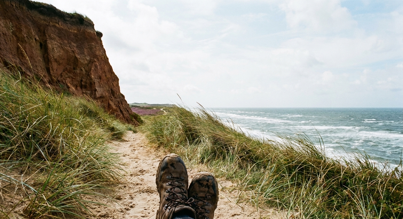 KĂĽstenwanderweg entlang des Roten Kliffs mit DĂĽnengras und Nordseeblick auf Sylt