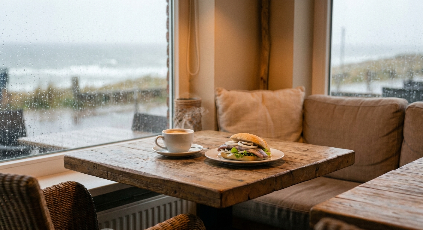 Kaffee und frisches Fischbrötchen am Fenster eines Sylter Cafés bei Regen