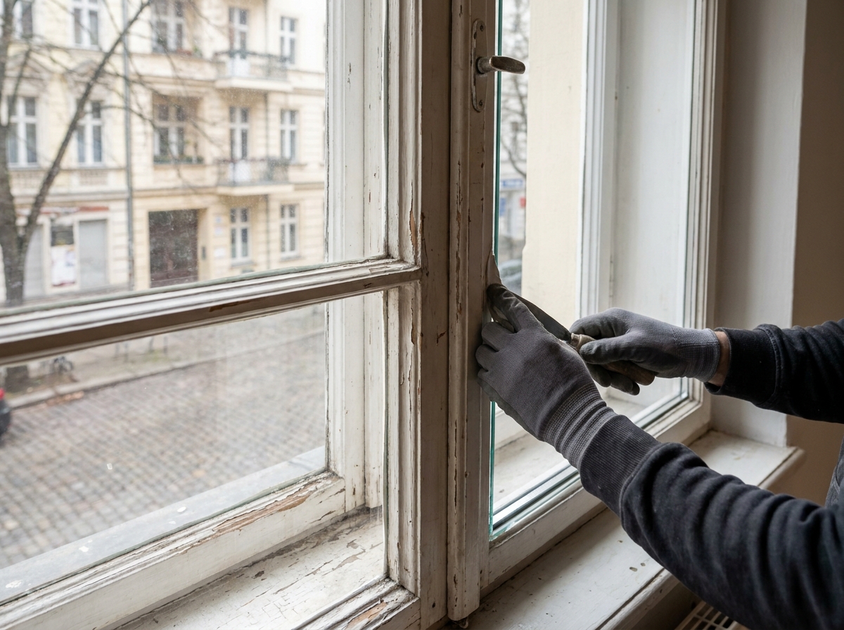 Glaser setzt neue Scheibe in historisches Kastendoppelfenster mit feinen Sprossen im Altbau