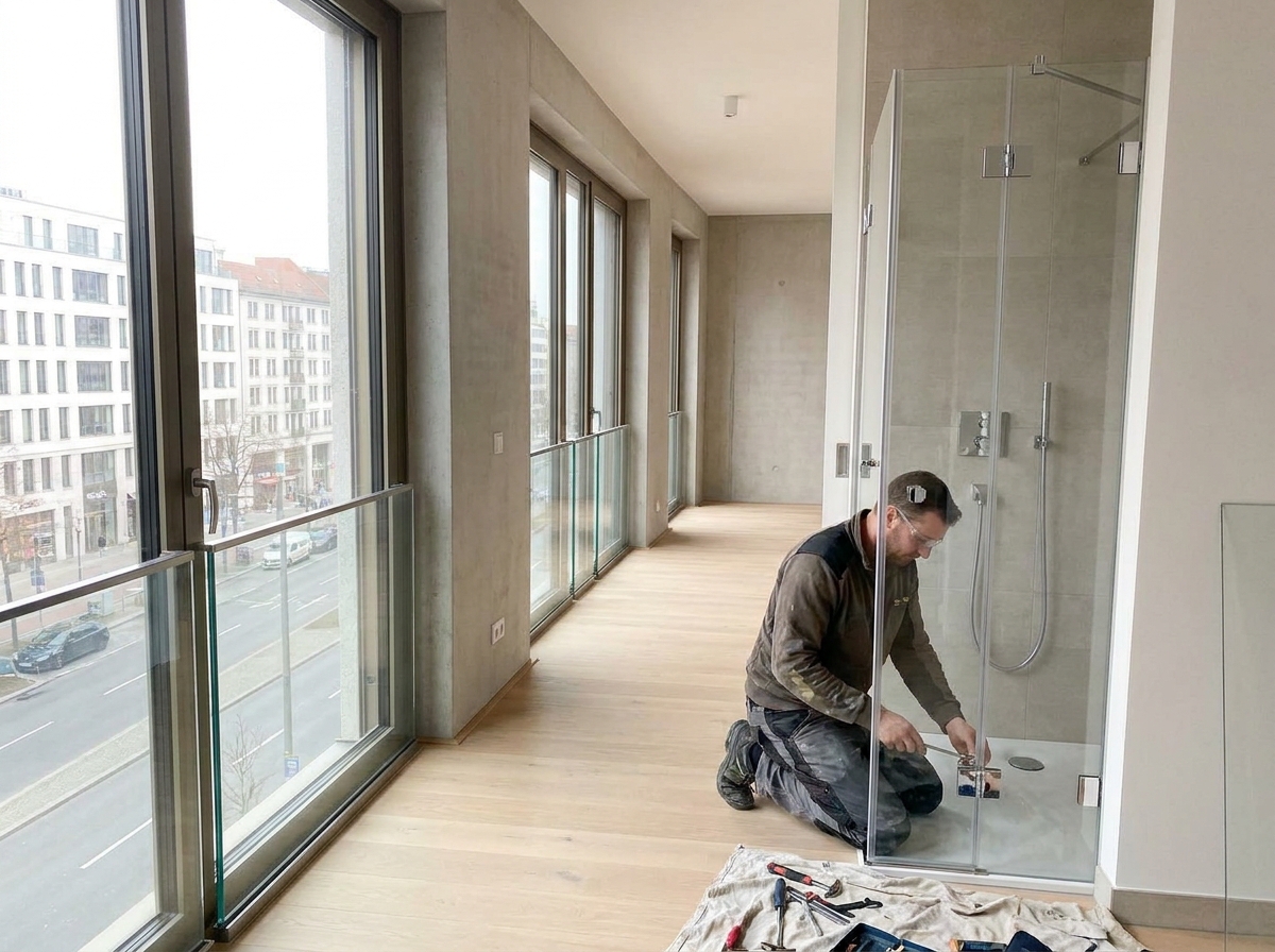 Modernes Neubau-Interieur mit bodentiefen Fenstern, Glasgeländer und bodengleicher Glasdusche