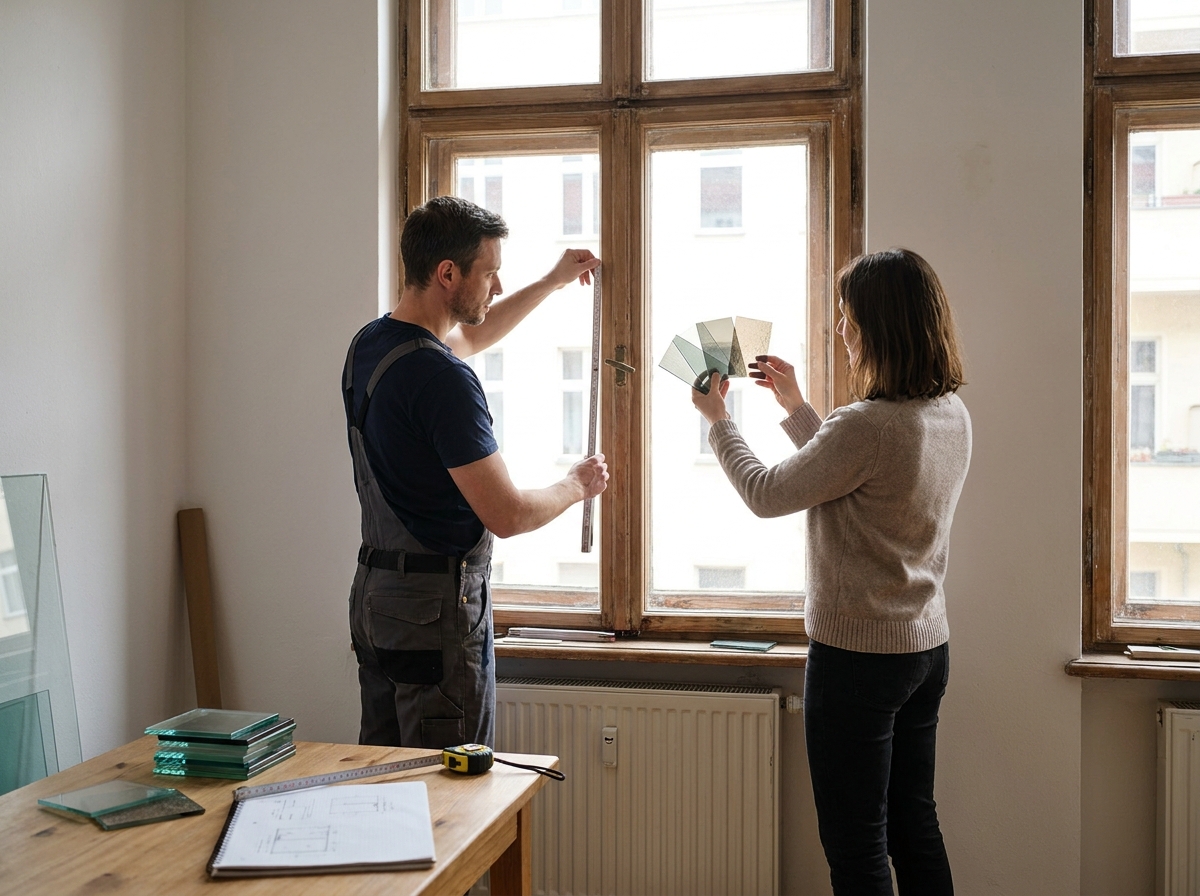 Glaser berät Kundin vor Ort, nimmt Aufmaß und zeigt verschiedene Glasmuster am Fenster