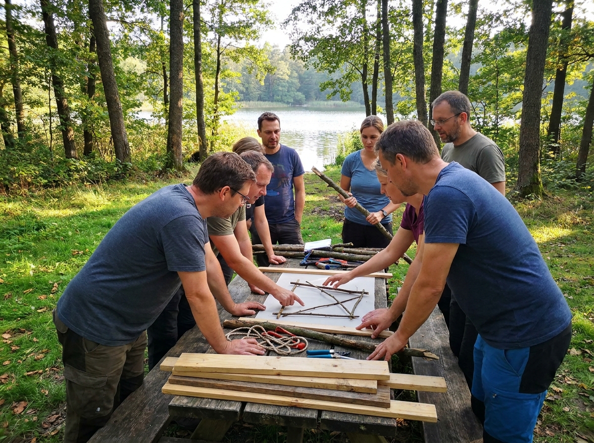 Gruppe Erwachsener löst gemeinsam eine Aufgabe an einem Tisch im Grünen nahe einem See.