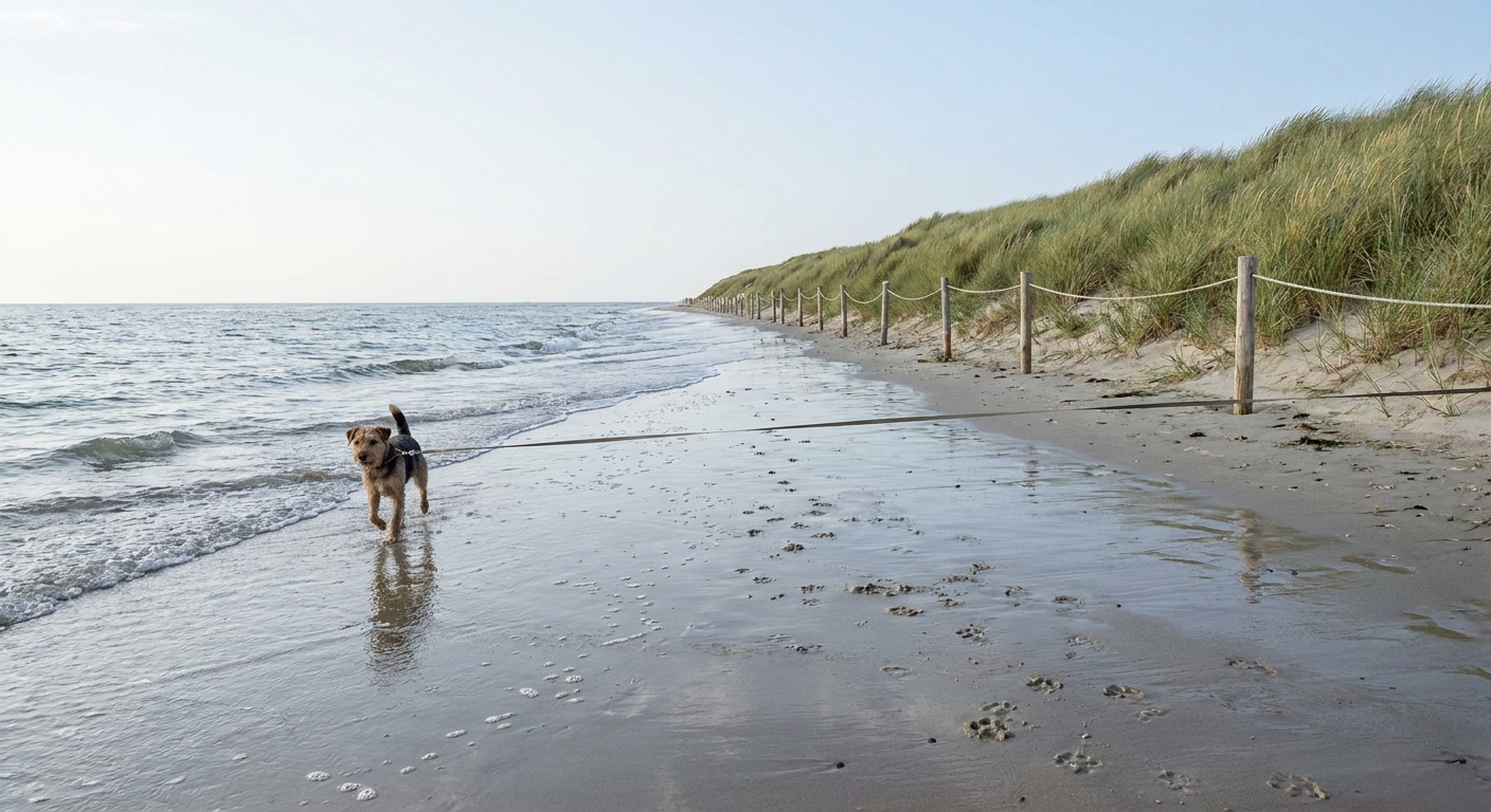Angeleinter Hund am SpĂĽlsaum eines Sylter Strandes neben geschĂĽtzten DĂĽnen mit Strandhafer