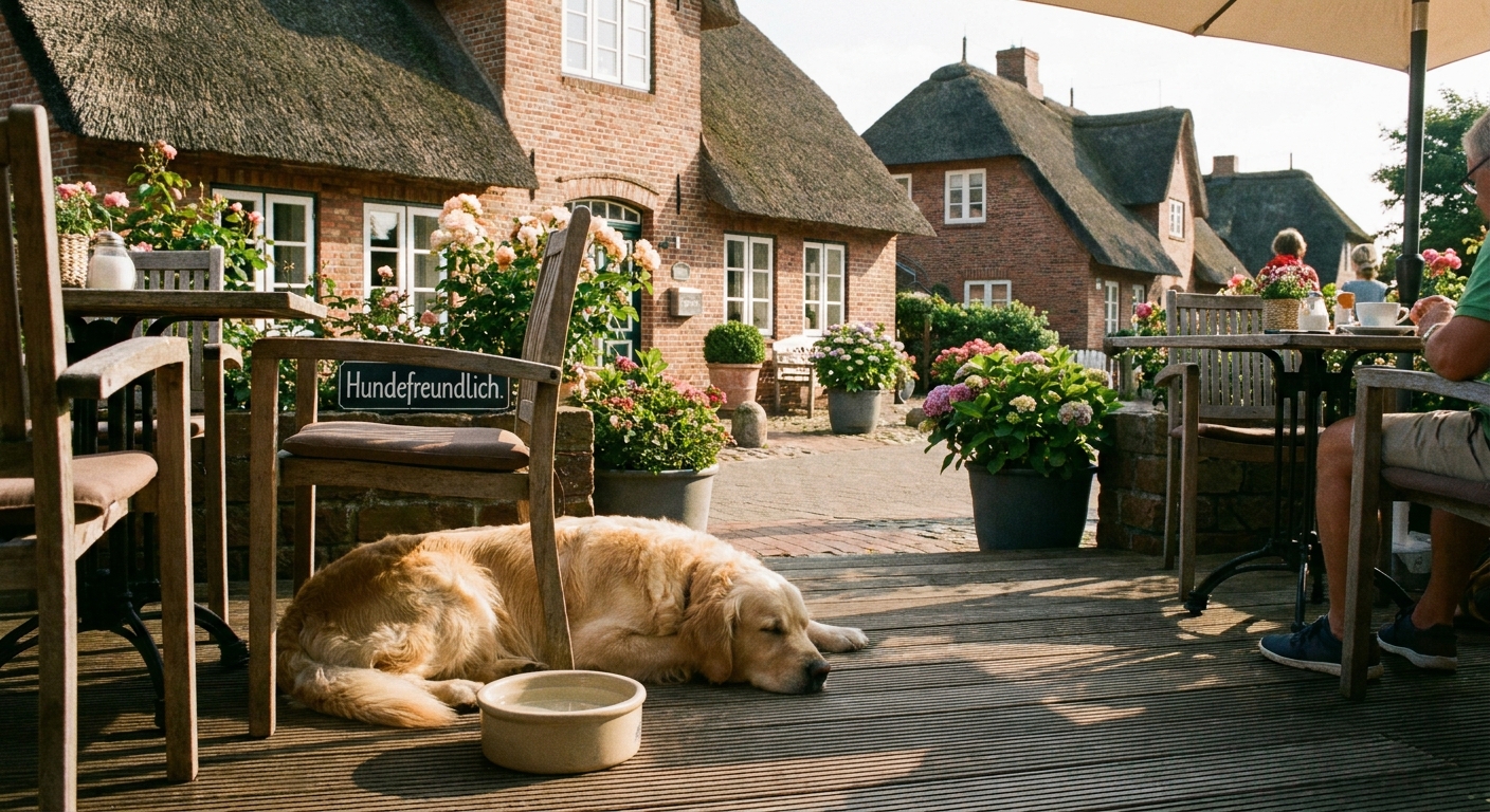 Entspannter Hund liegt mit Wassernapf auf einer Café-Terrasse vor reetgedeckten Inselhäusern