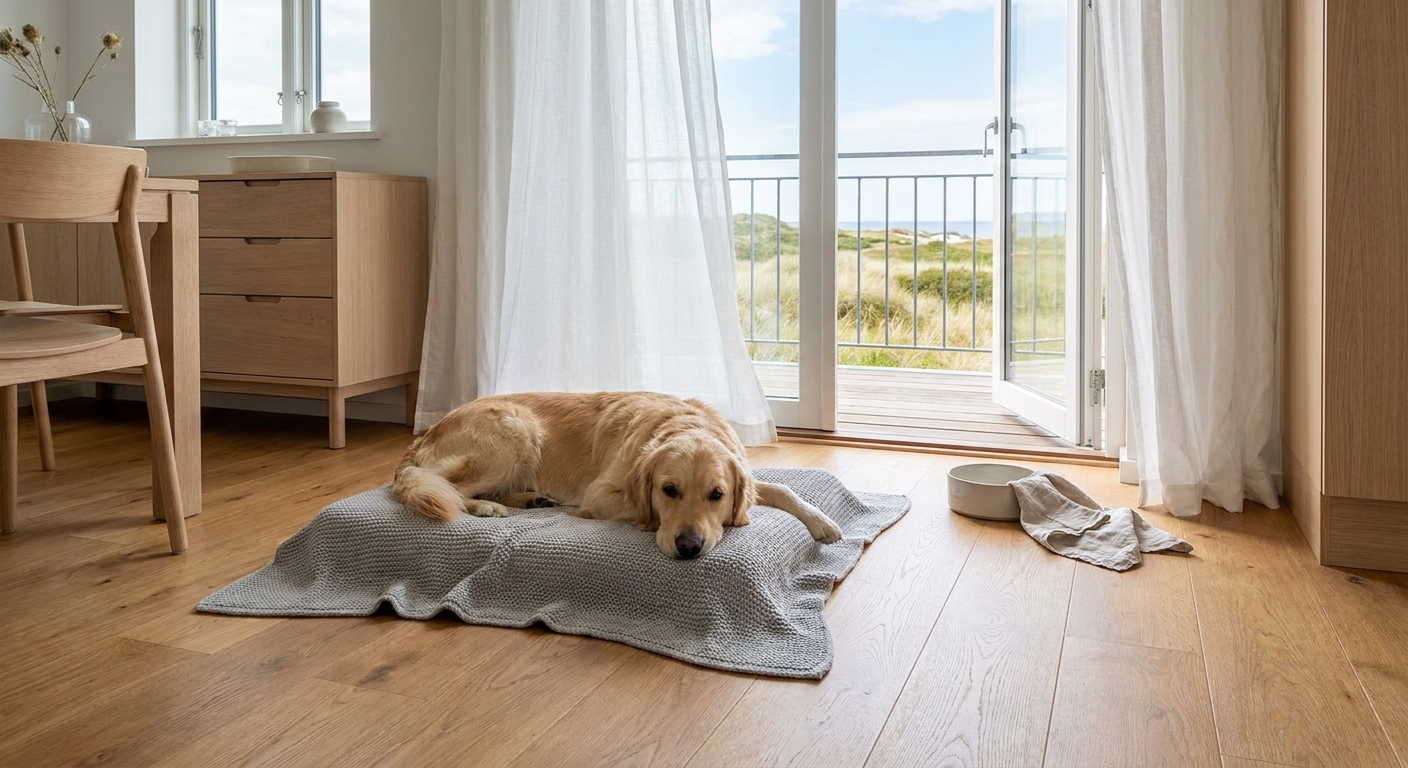 Heller Ferienwohnungsraum mit Echtholzboden, Hund auf Decke und Balkonblick auf DĂĽnen