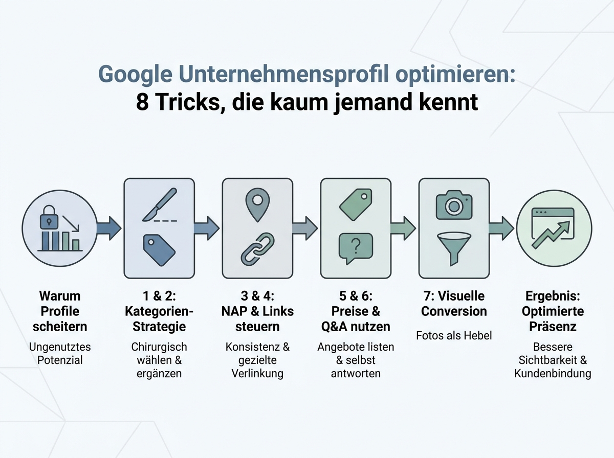 Ablaufdiagramm: Google Unternehmensprofil optimieren: 8 Tricks, die kaum jemand kennt