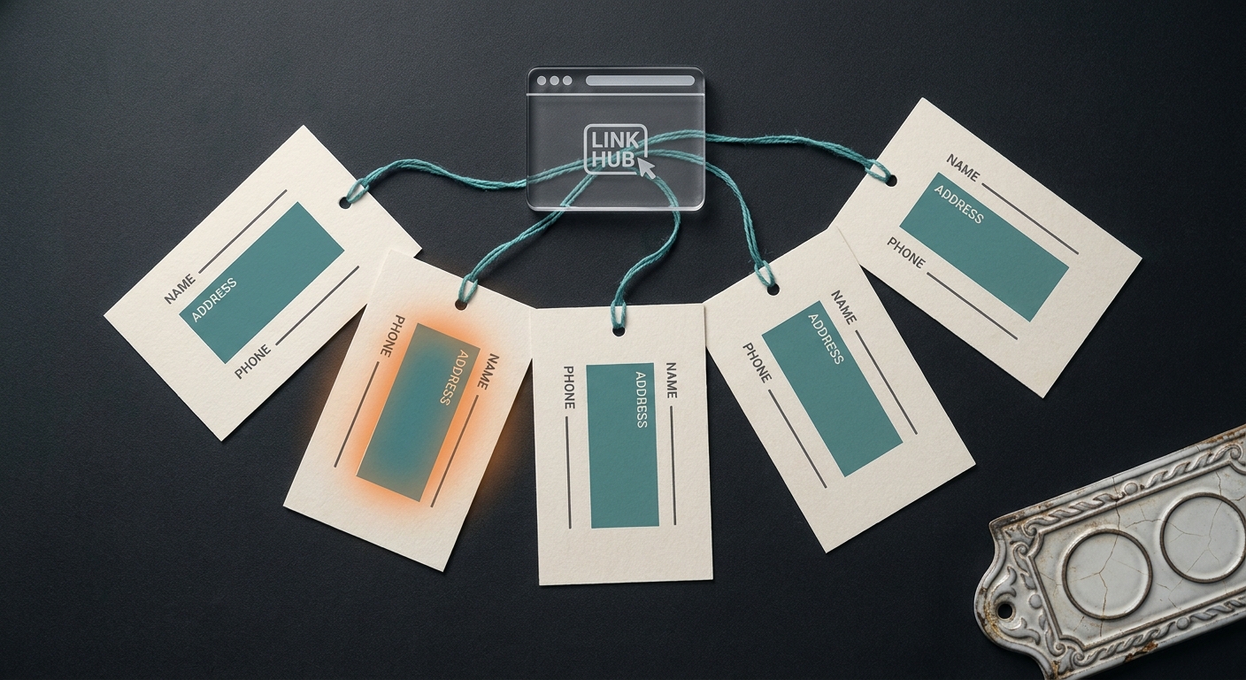 Flat-Lay mit fünf Verzeichniskarten, verbunden durch Faden zu zentralem Website-Symbol, eine Karte zeigt Abweichung