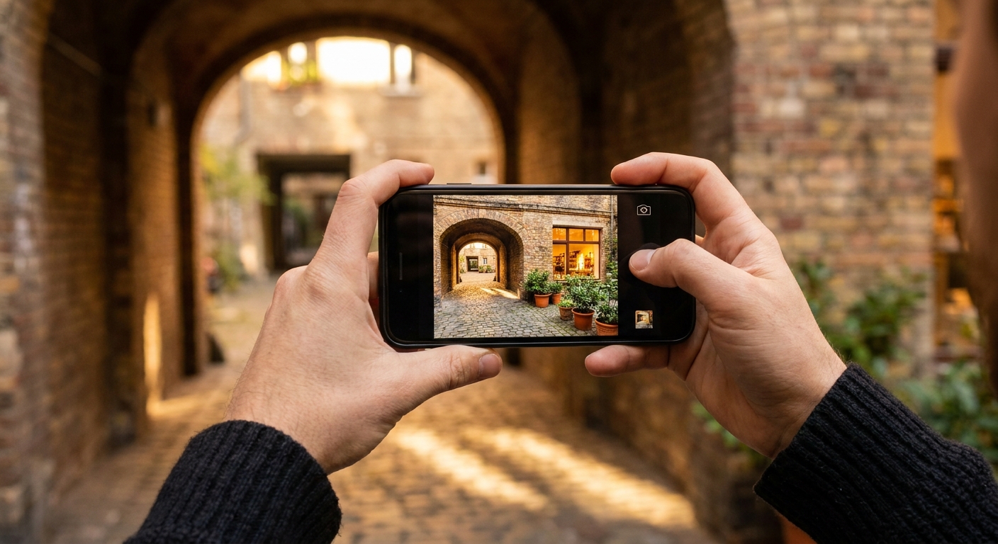 Hände fotografieren mit Smartphone den Eingang eines Berliner Hinterhofs mit Backsteinbogen und beleuchtetem Schaufenster