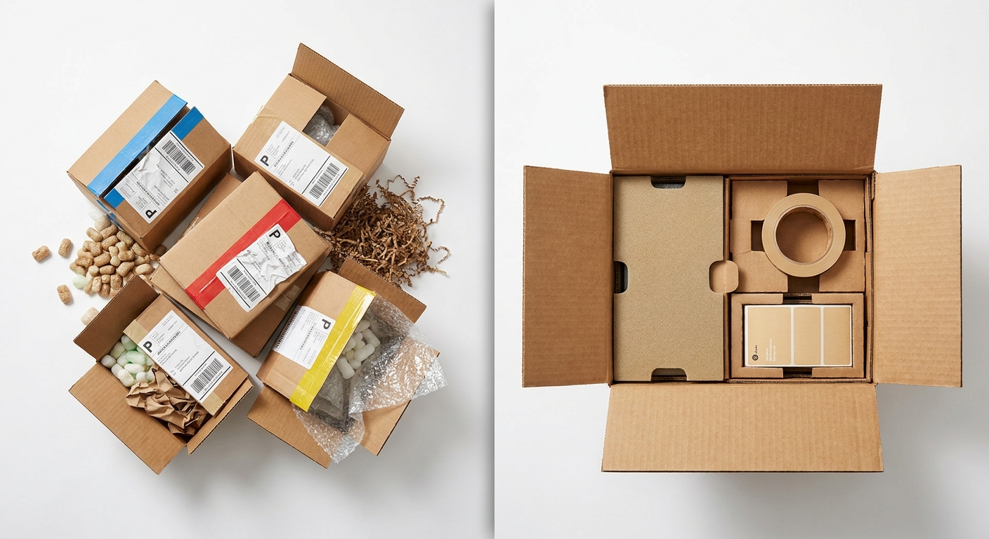 Vergleich: chaotische Einzellieferungen links versus geordnete Komplettverpackung rechts