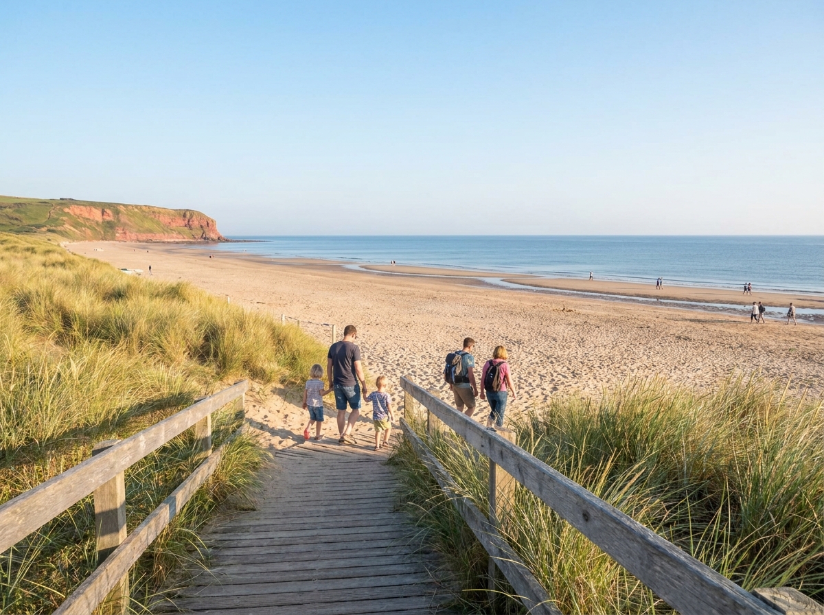 Strandübergang durch Dünen mit Blick auf einen weiten Sandstrand in beide Richtungen