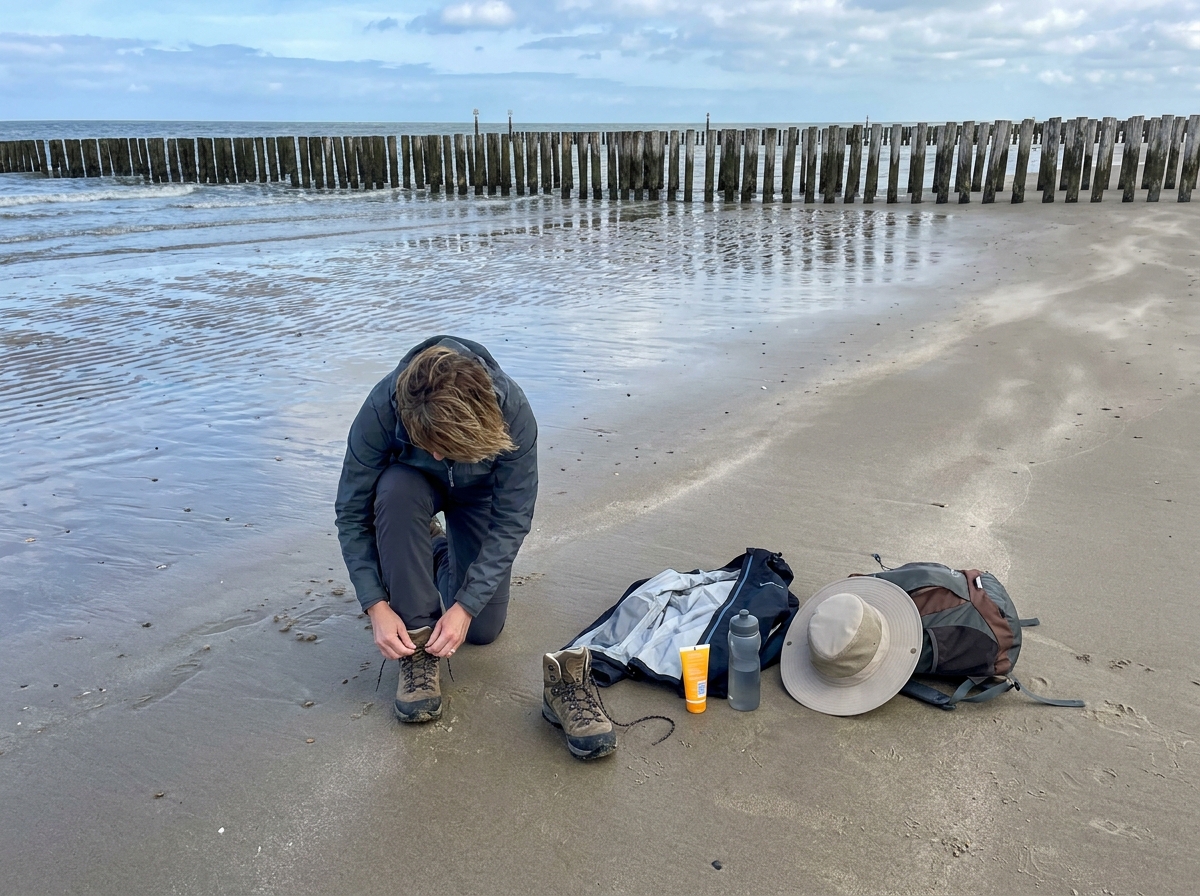 Wanderausrüstung mit Schuhen, Windjacke und Wasser auf festem Sand bei Ebbe mit Buhnen