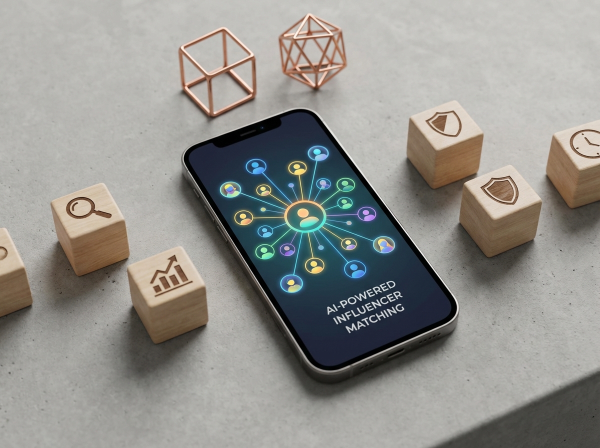 Flat-Lay mit Smartphone-Netzwerkgrafik und symbolischen Holzwürfeln für KI-gestützte Influencer-Auswahl