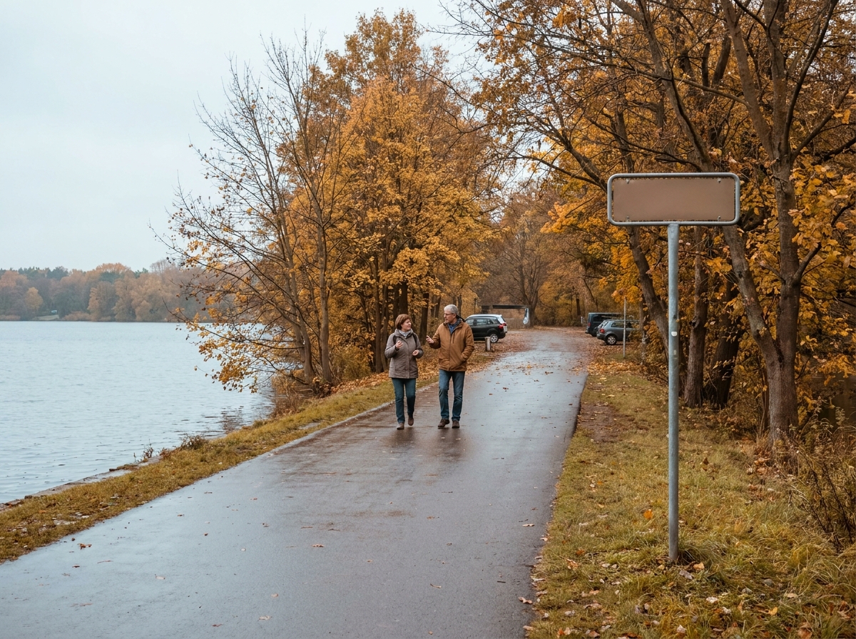 Zwei Personen gehen am Uferweg des Pichelssees, im Hintergrund parkende Autos