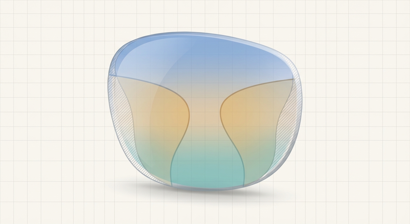 Illustration eines Gleitsichtglases mit farblich markierten Fern-, Zwischen- und Nahzonen