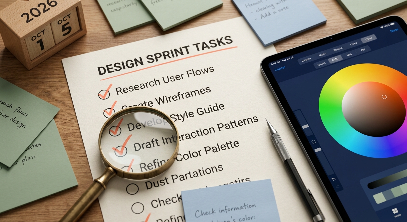 Nahaufnahme einer Barrierefreiheits-Checkliste mit Kalenderblock 2026 auf einem Arbeitsplatz