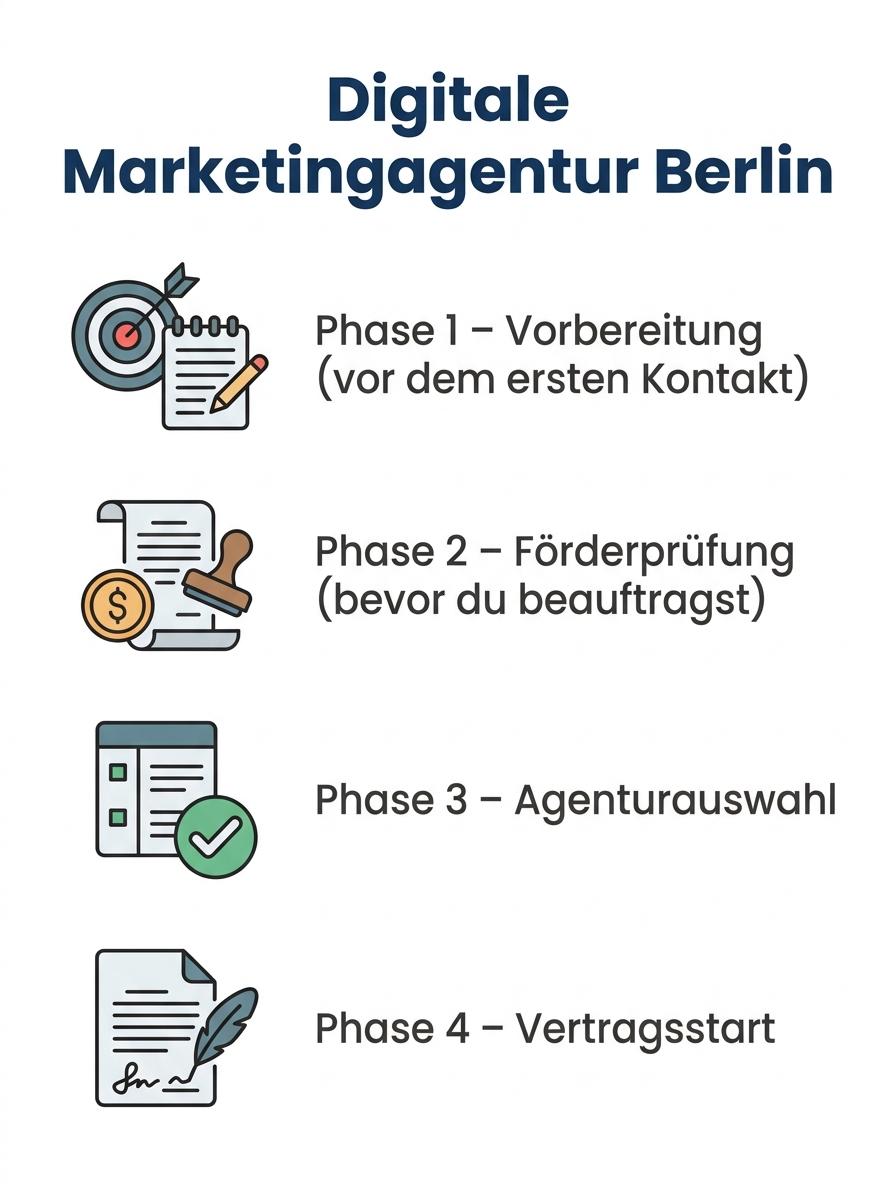 Checklisten-Visual: Digitale Marketingagentur Berlin: Kosten, Leistungen und Fördermöglichkeiten im Überblick
