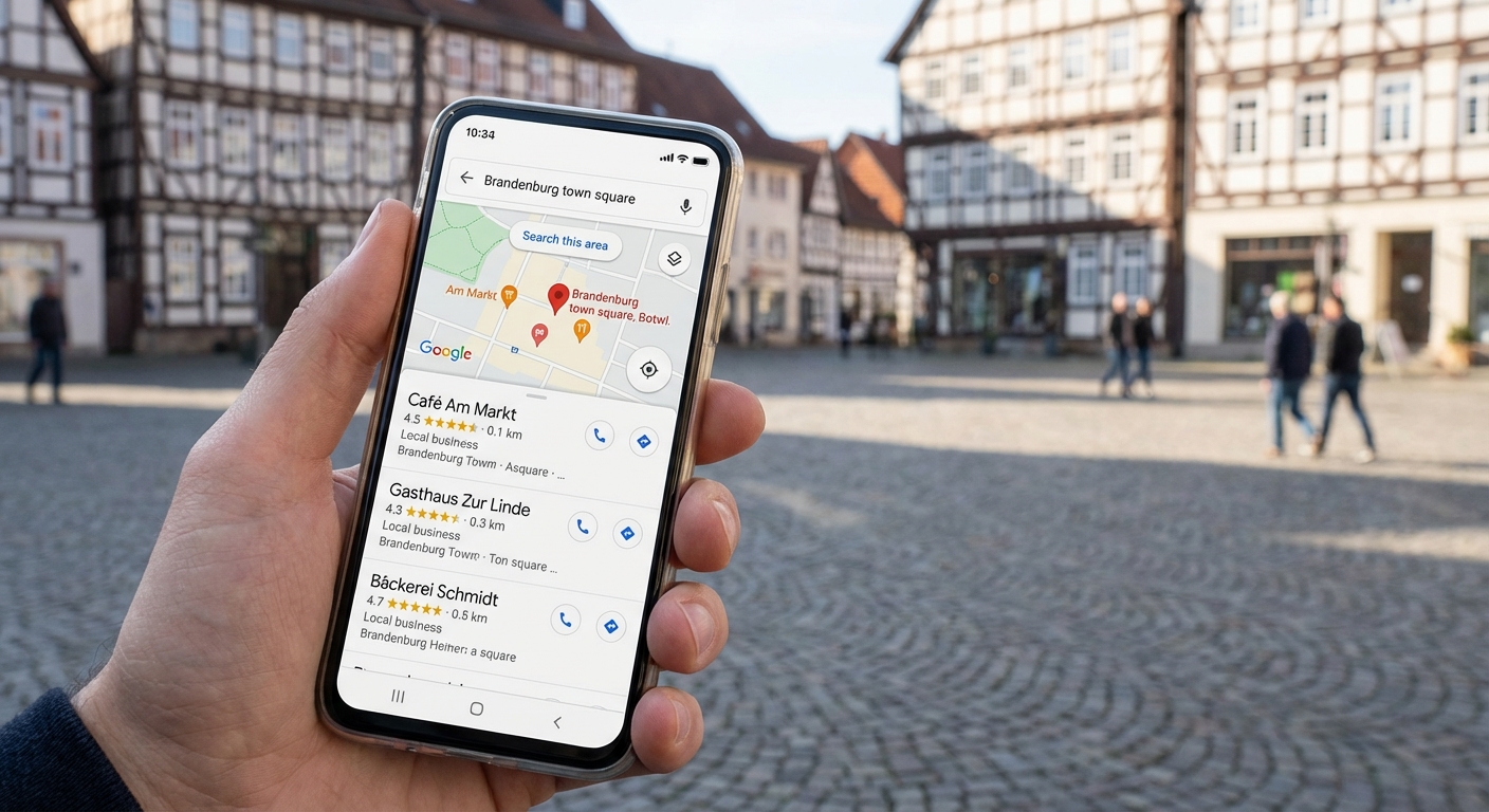 Smartphone zeigt lokale Google-Suchergebnisse vor Brandenburger Stadtkulisse