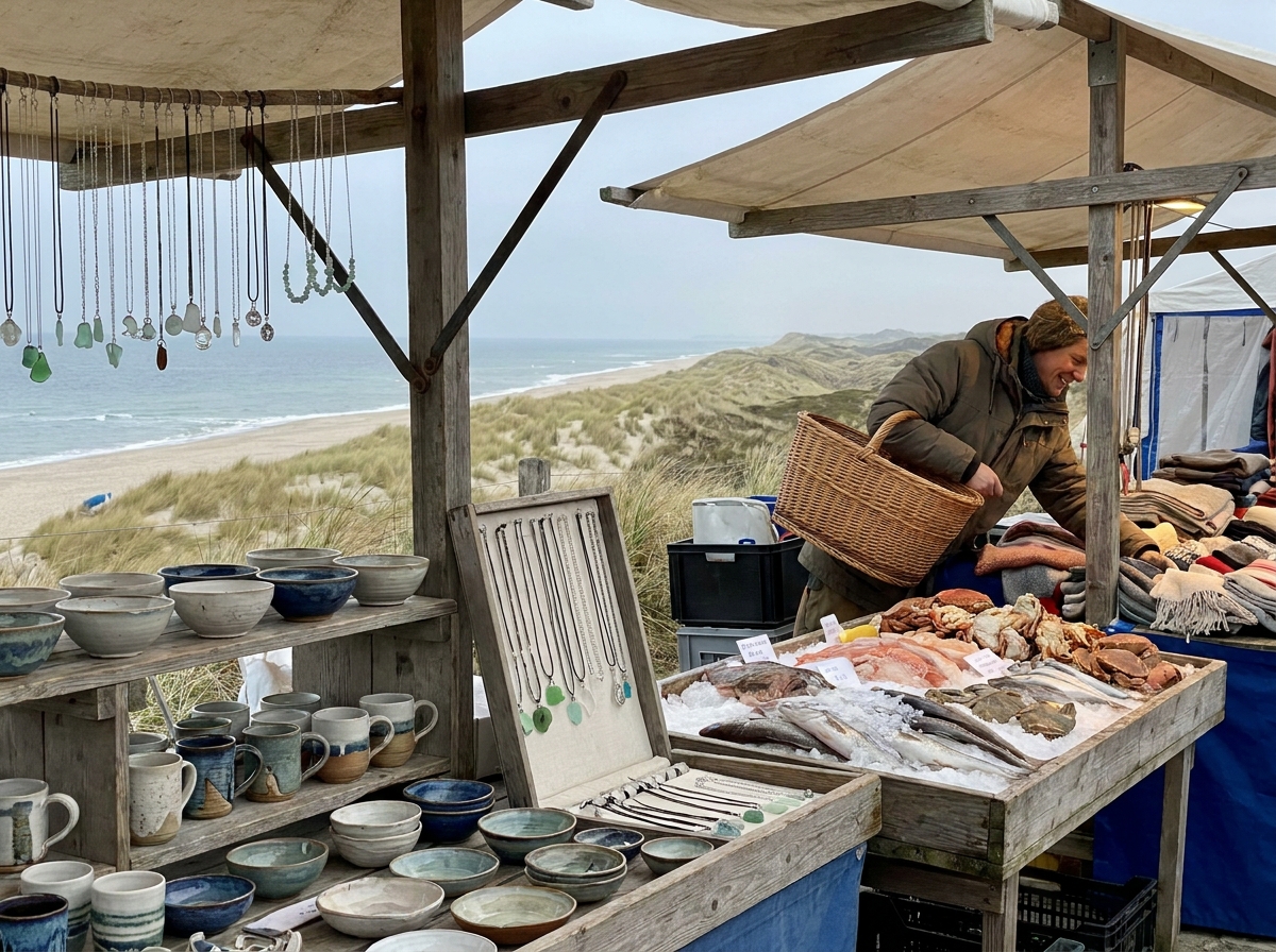 Kunsthandwerker- und Wochenmarkt auf Sylt mit Keramik, friesischen Spezialitäten und frischem Fisch am Vormittag