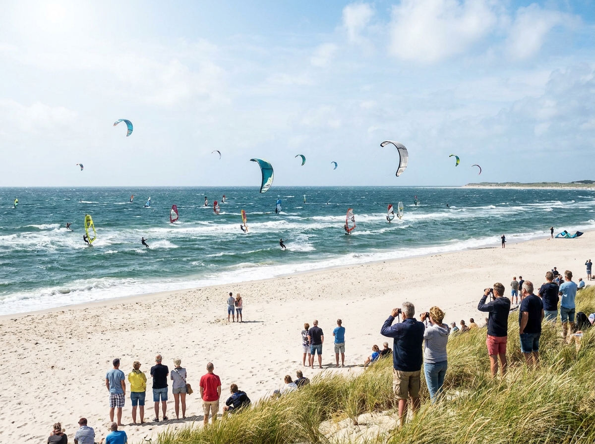 Kite- und Windsurfer bei stetigem Nordseewind vor Sylts WestkĂĽste, Zuschauer am weiten Strand
