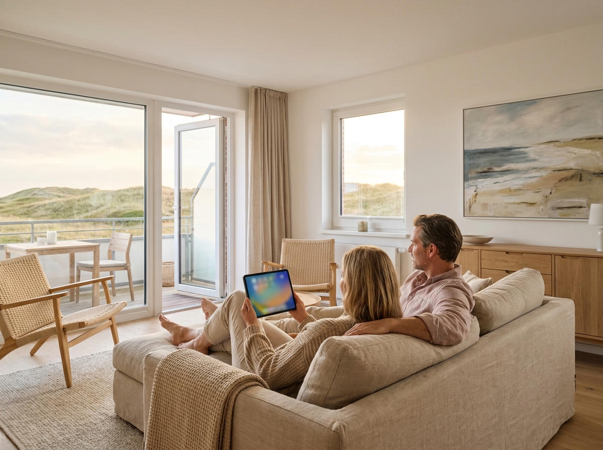Helle Ferienwohnung auf Sylt mit Echtholzboden, moderner Kunst und SĂĽd-Balkon mit DĂĽnenblick
