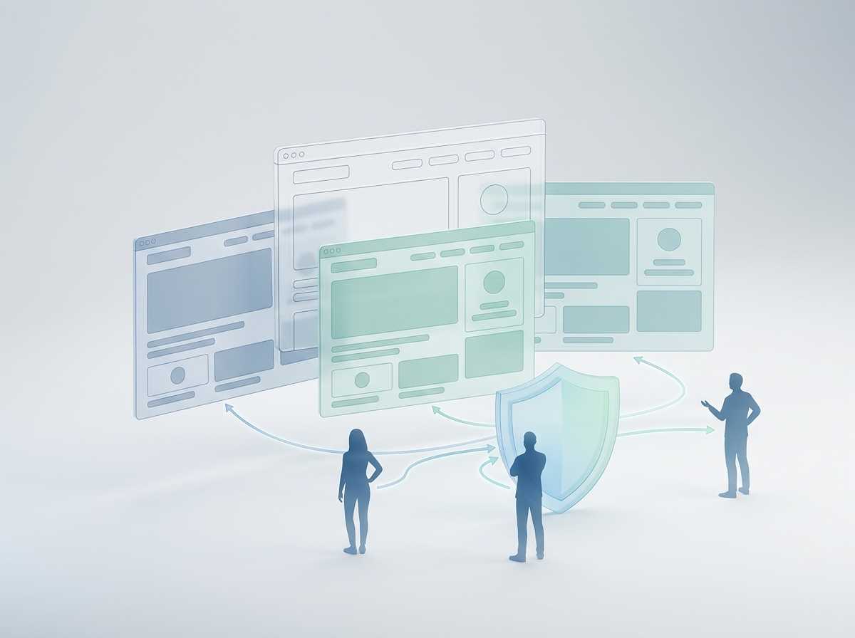 Illustration einer Website, die sich in drei Varianten teilt, mit Personen und einem Datenschutz-Schild