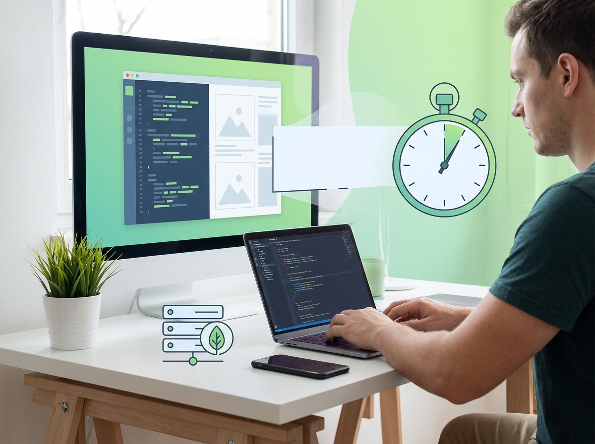 Person optimiert Website-Performance mit Stoppuhr, komprimierten Bildern, Smartphone und grünem Serversymbol