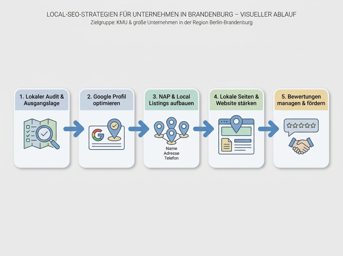 Ablaufdiagramm: Local-SEO-Strategien für Unternehmen in Brandenburg – Google Unternehmensprofil, Bewertungen, Local Listing und lokaler Content