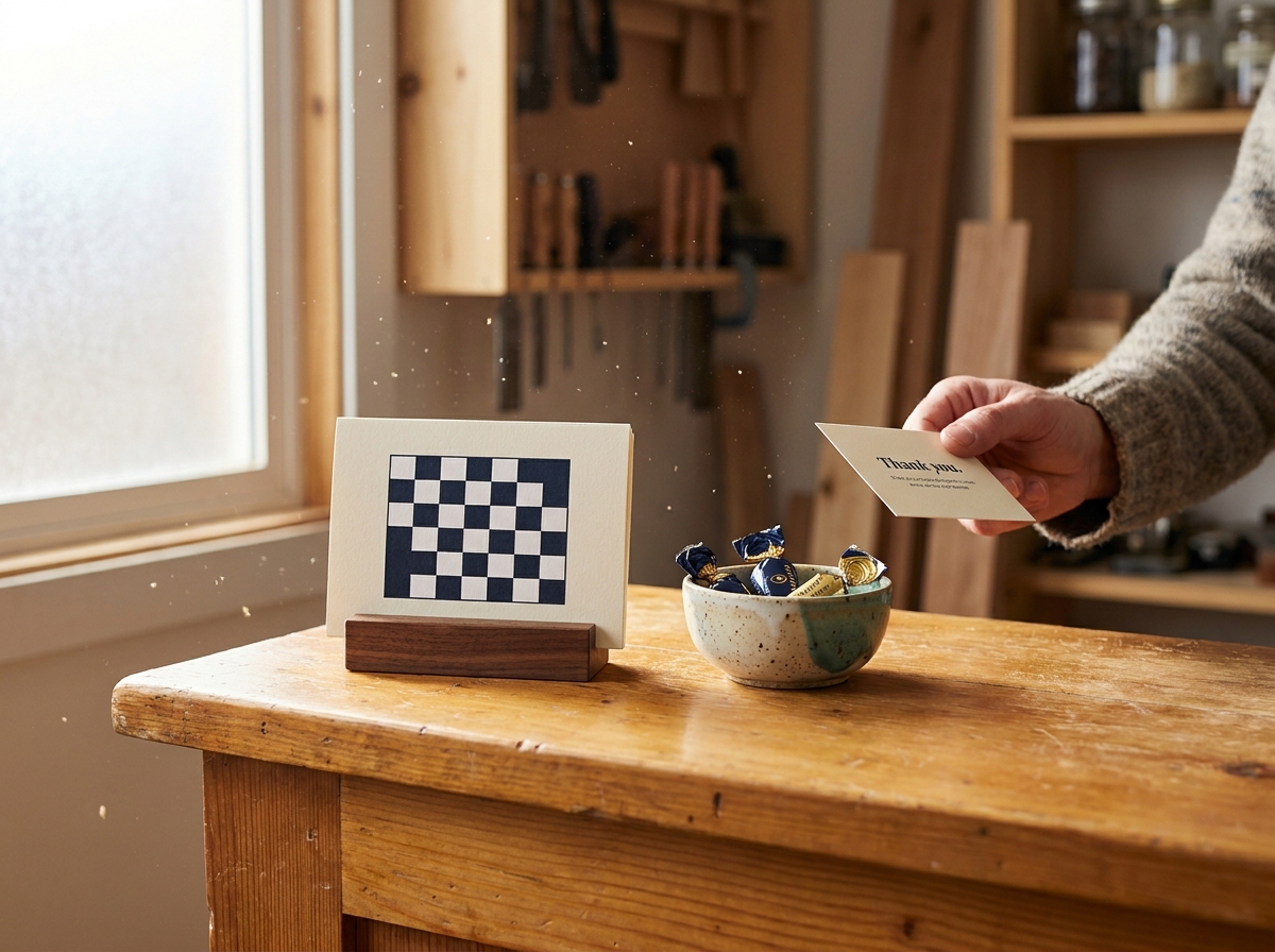 Handwerksbetrieb-Empfangstheke mit aufgestelltem QR-Code-Kärtchen und Dankeskarte für Kundenbewertungen