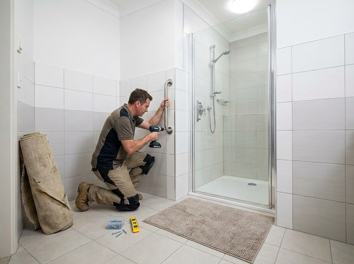 Handwerker montiert einen Haltegriff an der Badezimmerwand neben einer rutschfesten Matte