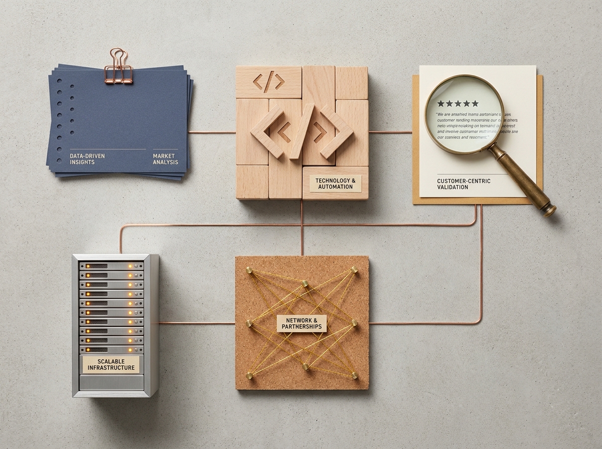 Flat-Lay-Anordnung von fünf symbolischen Objektgruppen, die eine GEO-Strategie mit fünf Säulen darstellen