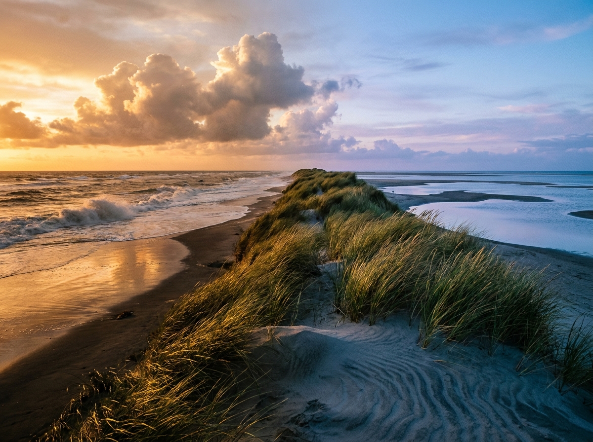Kontrastreiches Nordseelicht ĂĽber DĂĽnenlandschaft zwischen Brandung und Wattenmeer