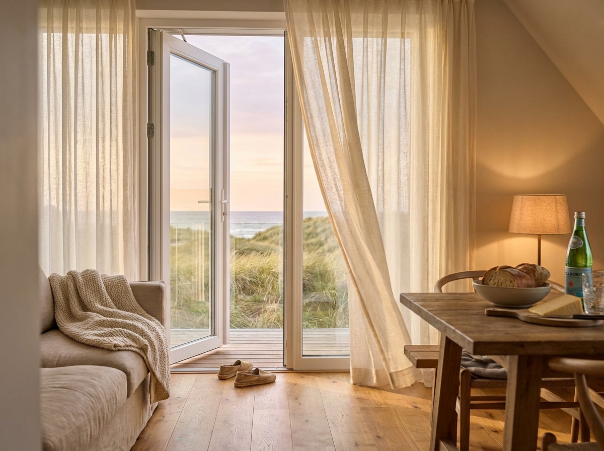 Helle Ferienwohnung mit offener Balkontür, Dünenblick und gemütlicher Wohnatmosphäre