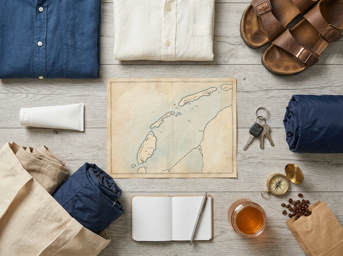 Flat-Lay mit Urlaubsplanung: Karte, Kleidung, Proviant und Reiseutensilien auf Holztisch