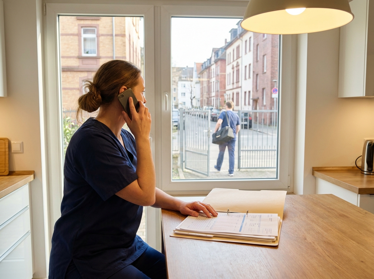 Pflegekraft telefoniert in der Küche, während draußen eine Physiotherapeutin ankommt