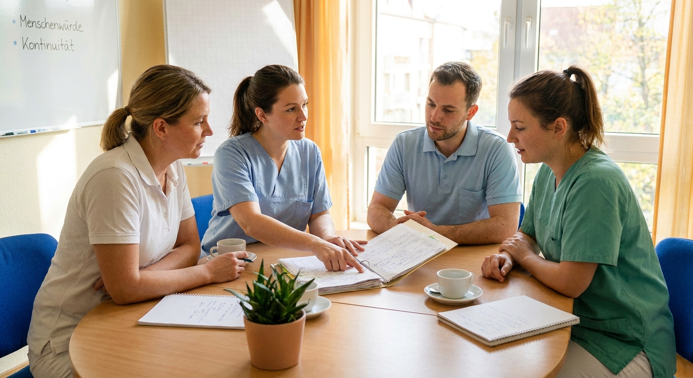 Pflegeteam in aufmerksamer Fallbesprechung um einen Tisch in hellem Besprechungsraum