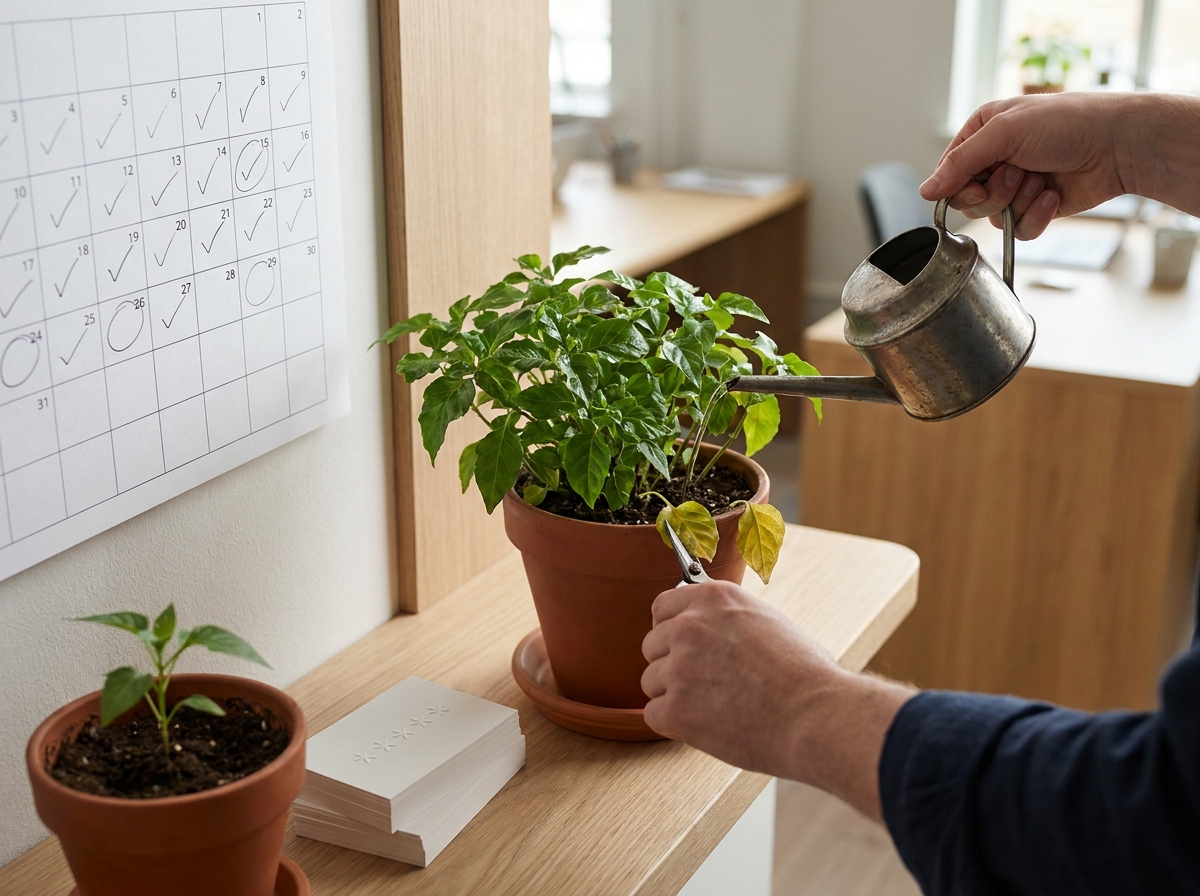Hand gießt und pflegt Zimmerpflanze neben Kalender und Bewertungskarten am Fenster